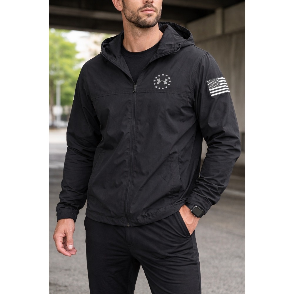Under Armour Freedom Windbreaker Tactical Hooded Jacket Black Flag Mens Sz S